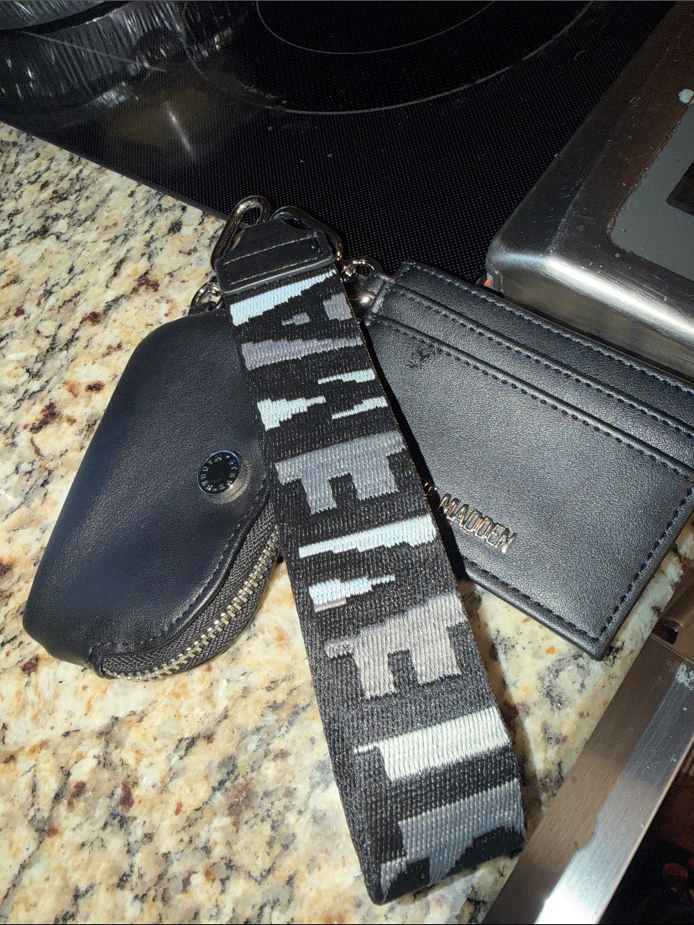 Steve Madden Black Leather Card Holder, Zip Pouch & Branded Black Strap 3fer NEW
